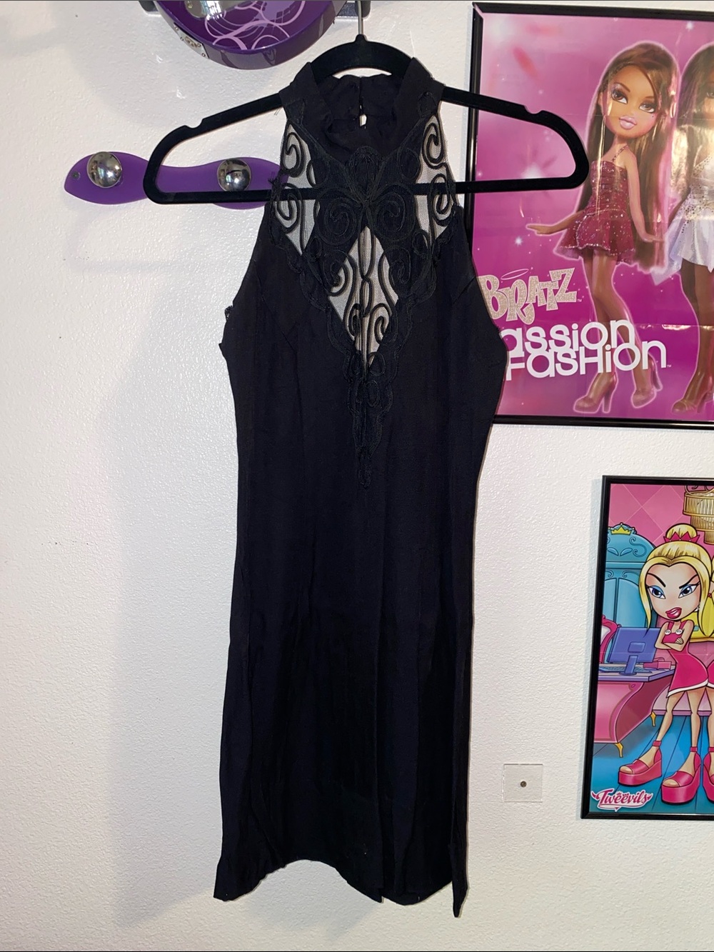 90s Jessica McClintock Gunne Sax Black Lace-Detail Halter Dress